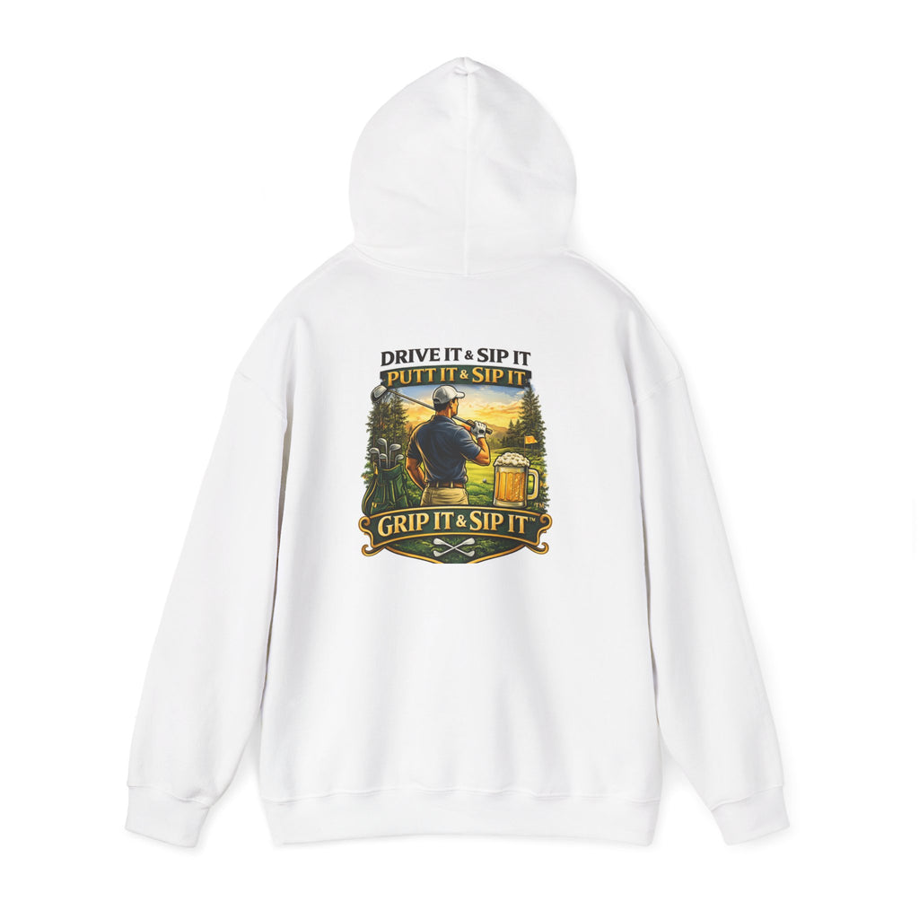Golf Hoodie - "Grip It & Sip It" Golfer Hoodie with Retro Outdoors Badge