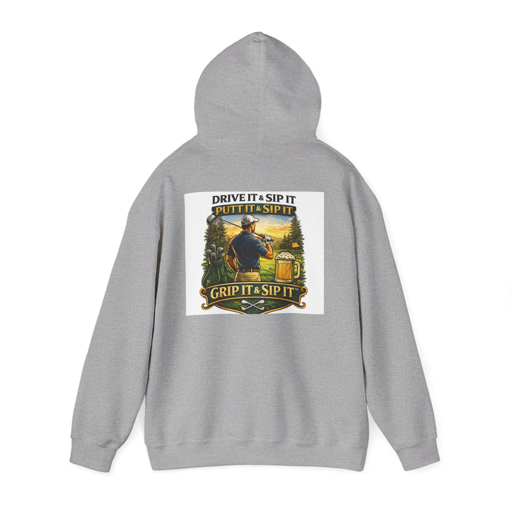 Golf Hoodie - "Grip It & Sip It" Golfer Hoodie with Retro Outdoors Badge