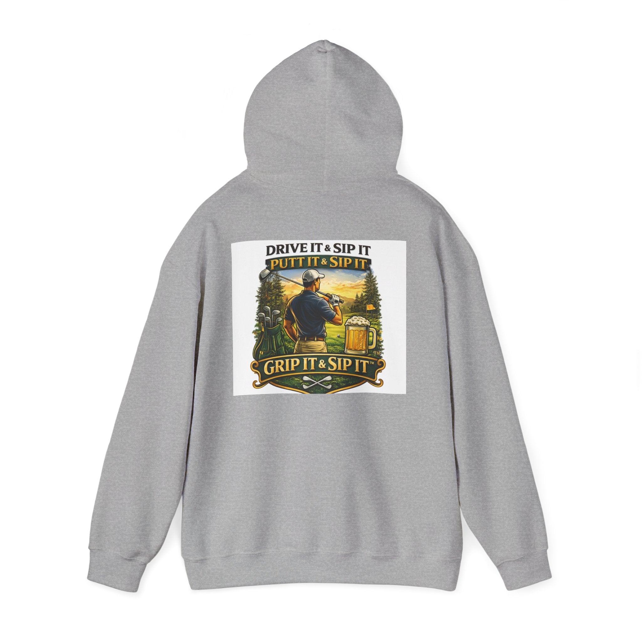 Golf Hoodie - "Grip It & Sip It" Golfer Hoodie with Retro Outdoors Badge