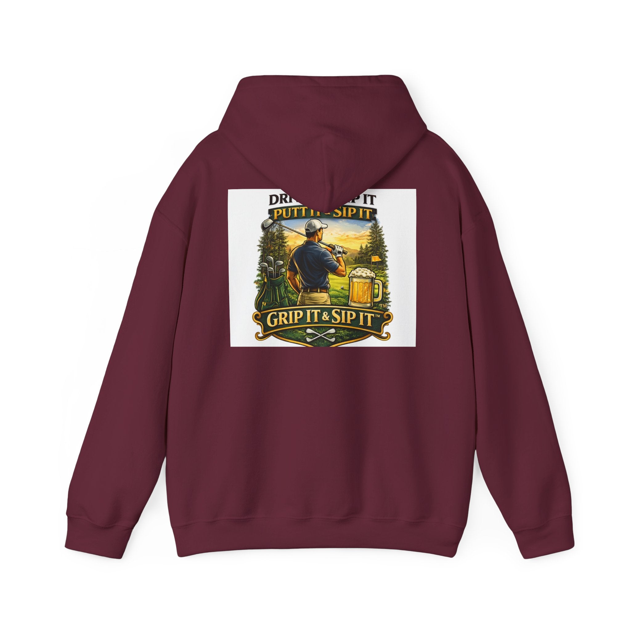 Golf Hoodie - "Grip It & Sip It" Golfer Hoodie with Retro Outdoors Badge