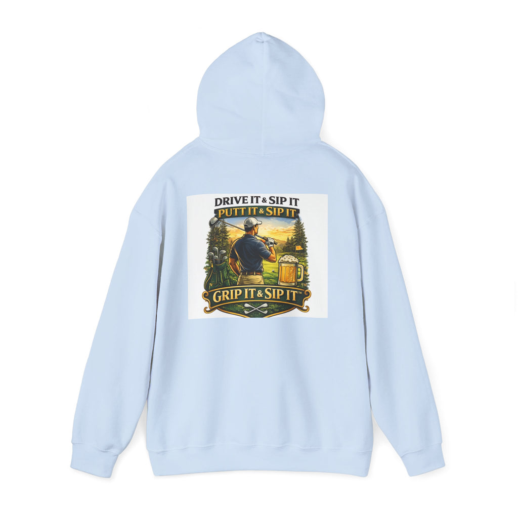 Golf Hoodie - "Grip It & Sip It" Golfer Hoodie with Retro Outdoors Badge