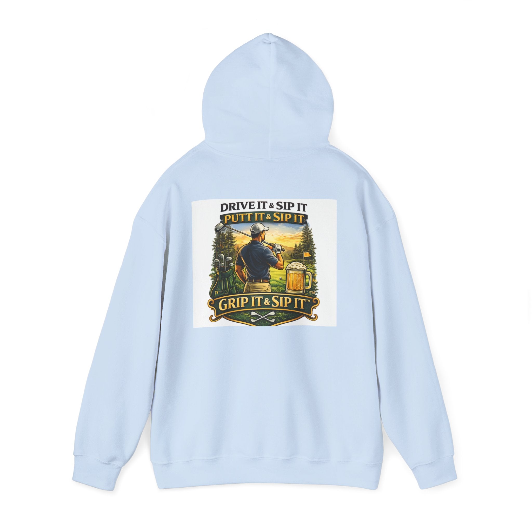 Golf Hoodie - "Grip It & Sip It" Golfer Hoodie with Retro Outdoors Badge