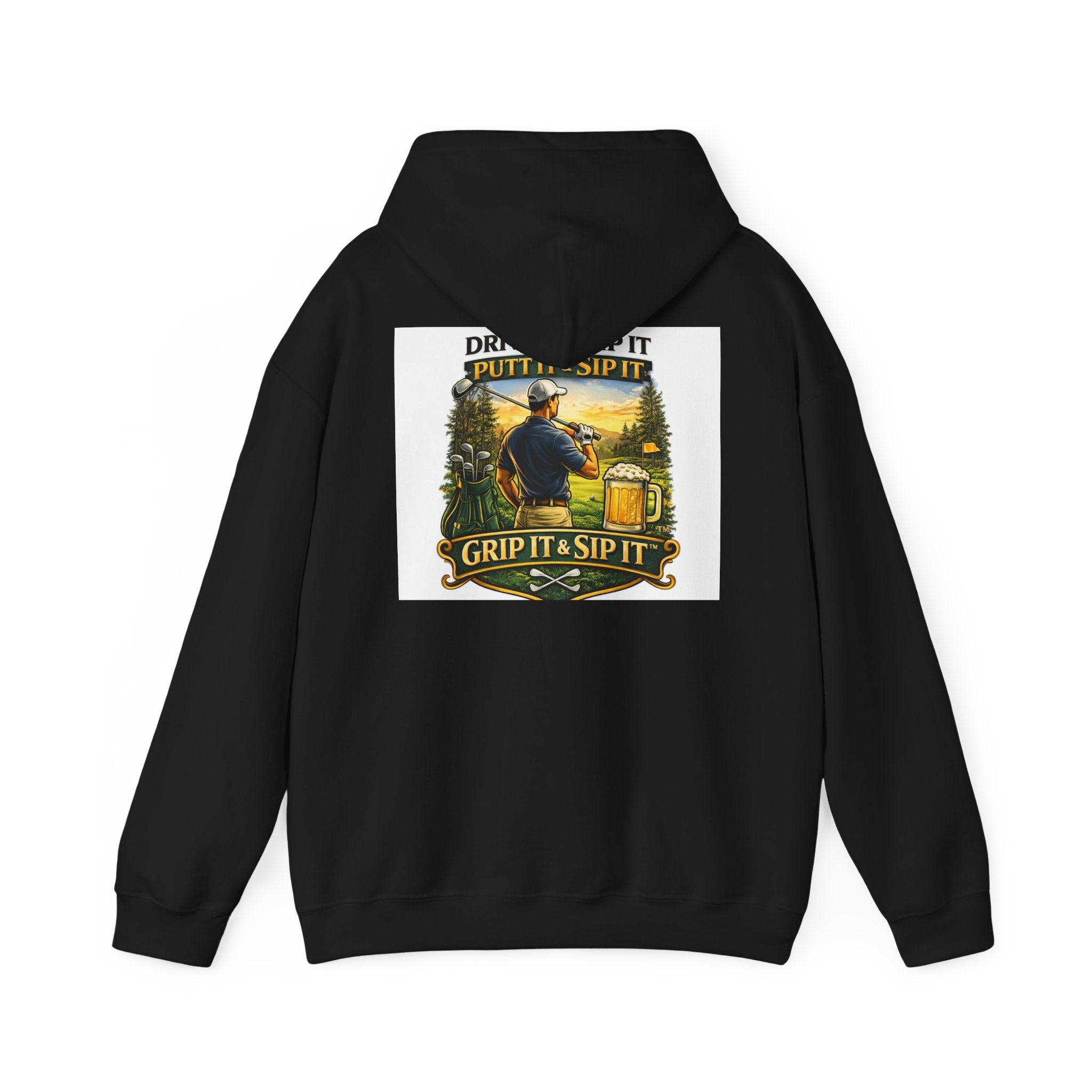Golf Hoodie - "Grip It & Sip It" Golfer Hoodie with Retro Outdoors Badge