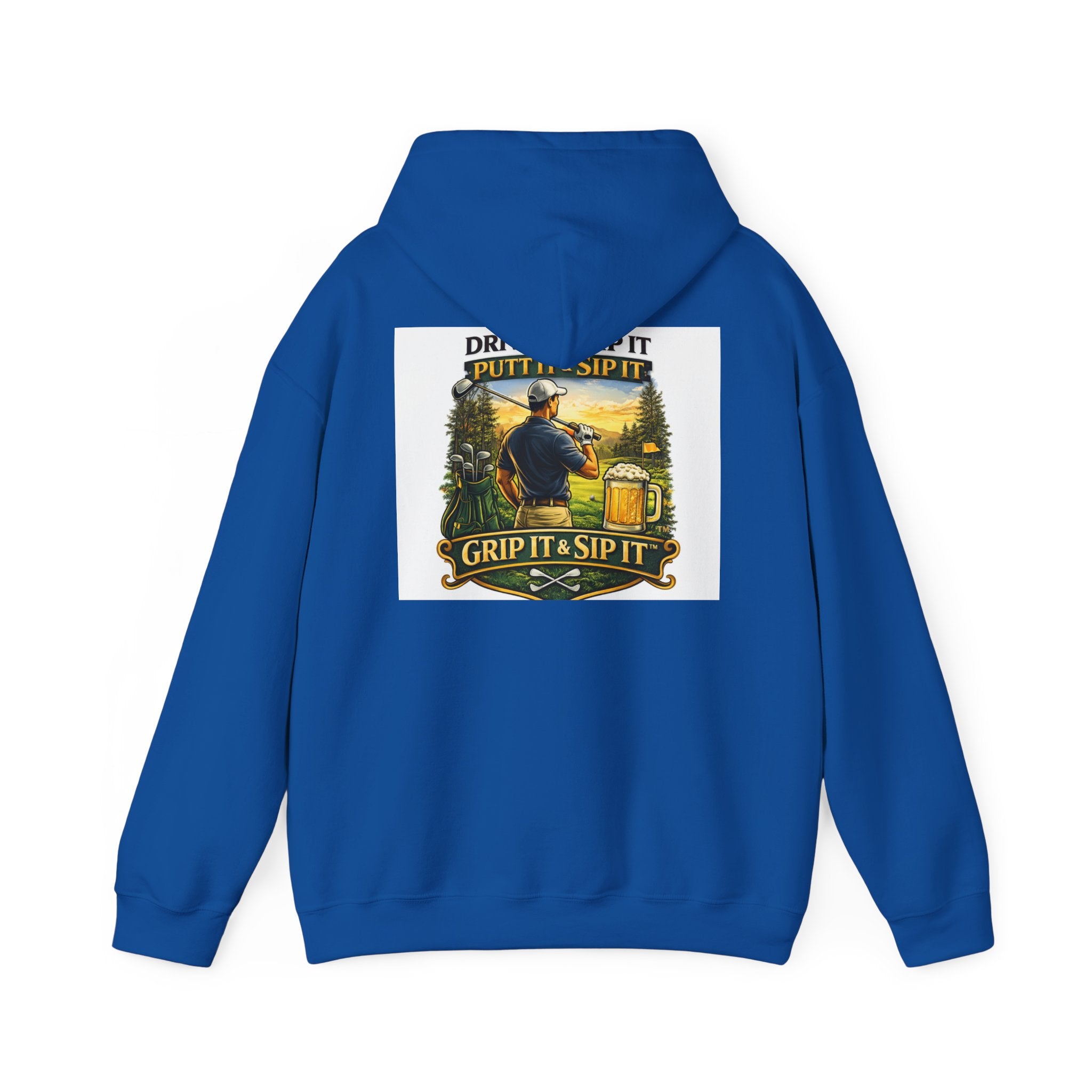 Golf Hoodie - "Grip It & Sip It" Golfer Hoodie with Retro Outdoors Badge