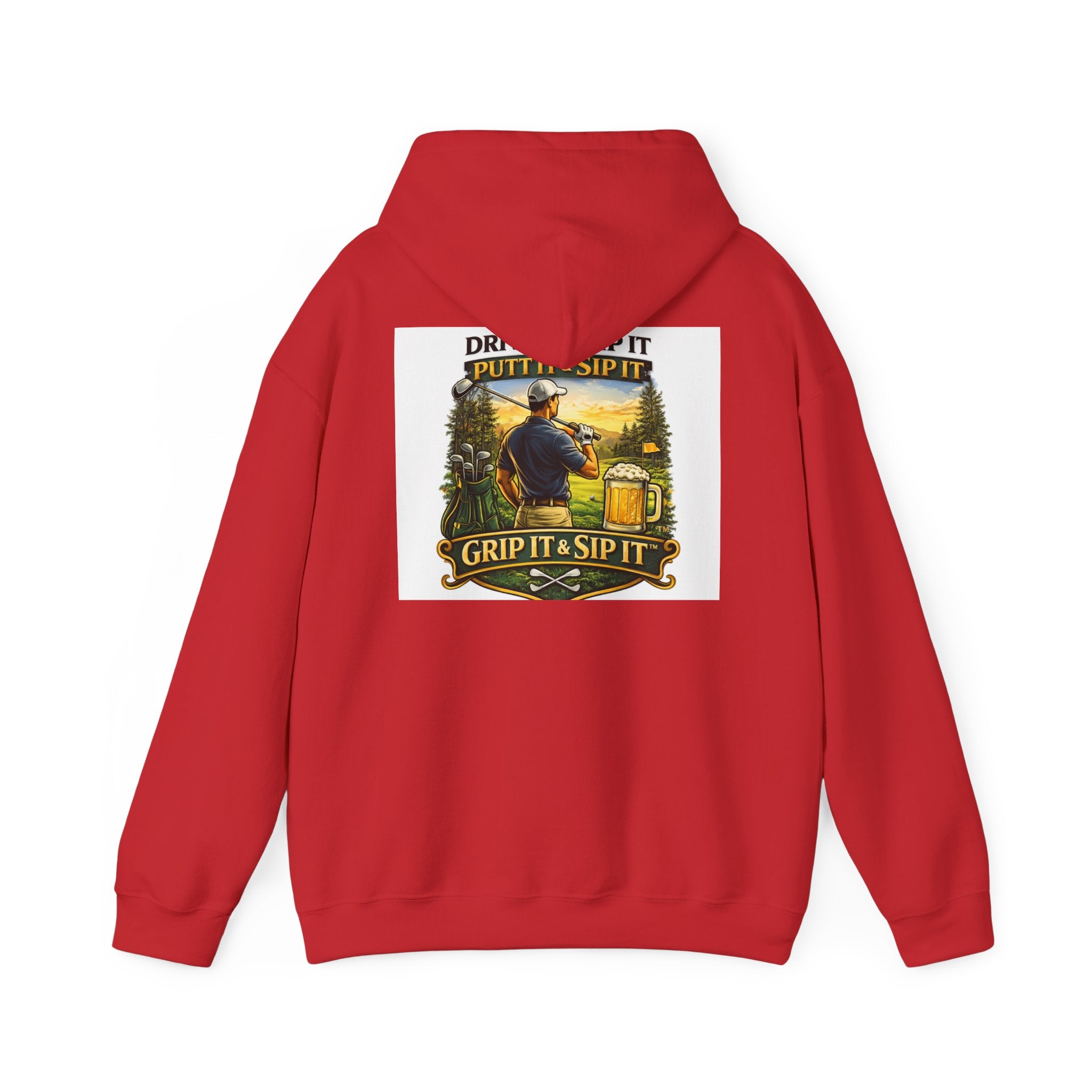 Golf Hoodie - "Grip It & Sip It" Golfer Hoodie with Retro Outdoors Badge