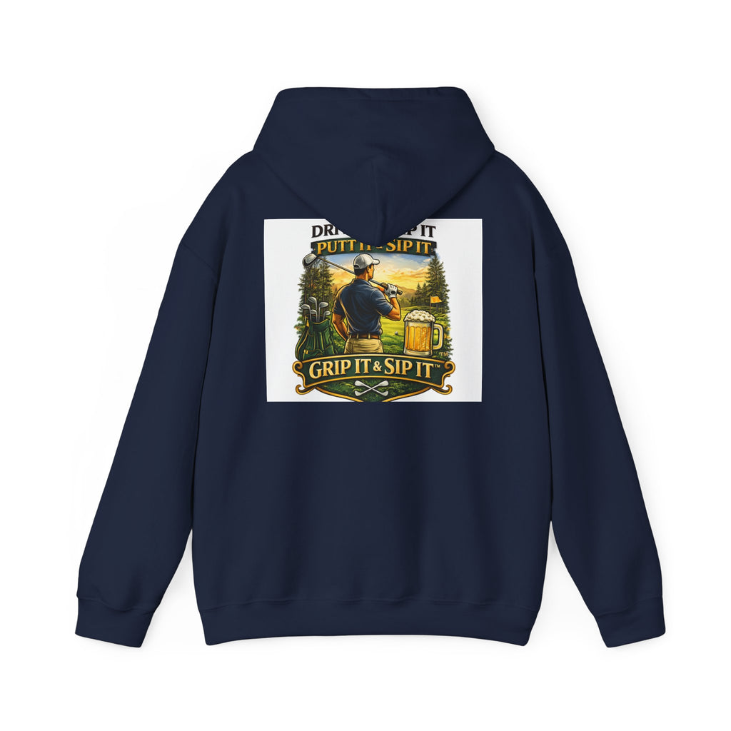 Golf Hoodie - "Grip It & Sip It" Golfer Hoodie with Retro Outdoors Badge
