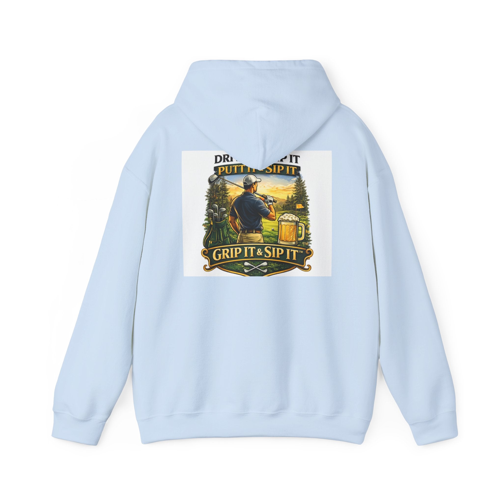 Golf Hoodie - "Grip It & Sip It" Golfer Hoodie with Retro Outdoors Badge