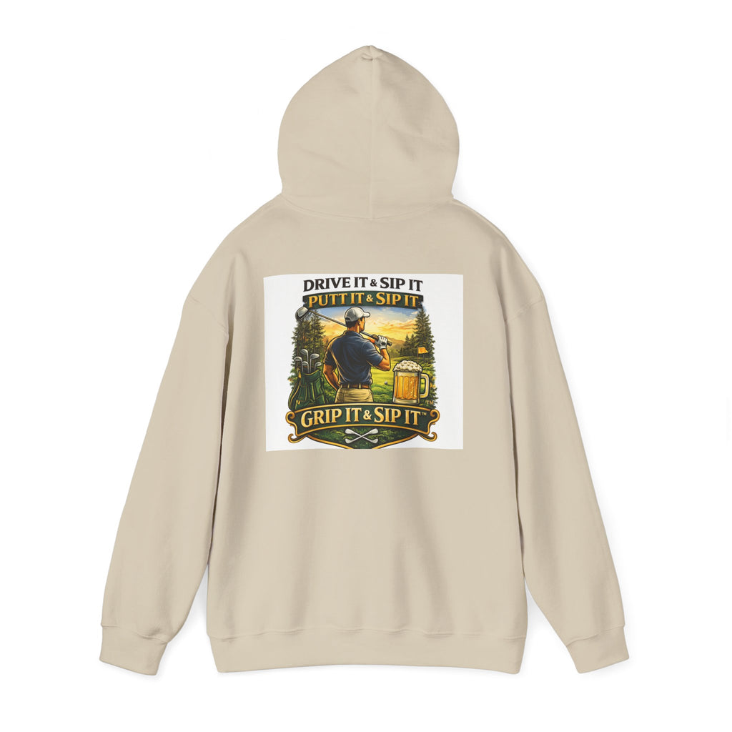 Golf Hoodie - "Grip It & Sip It" Golfer Hoodie with Retro Outdoors Badge