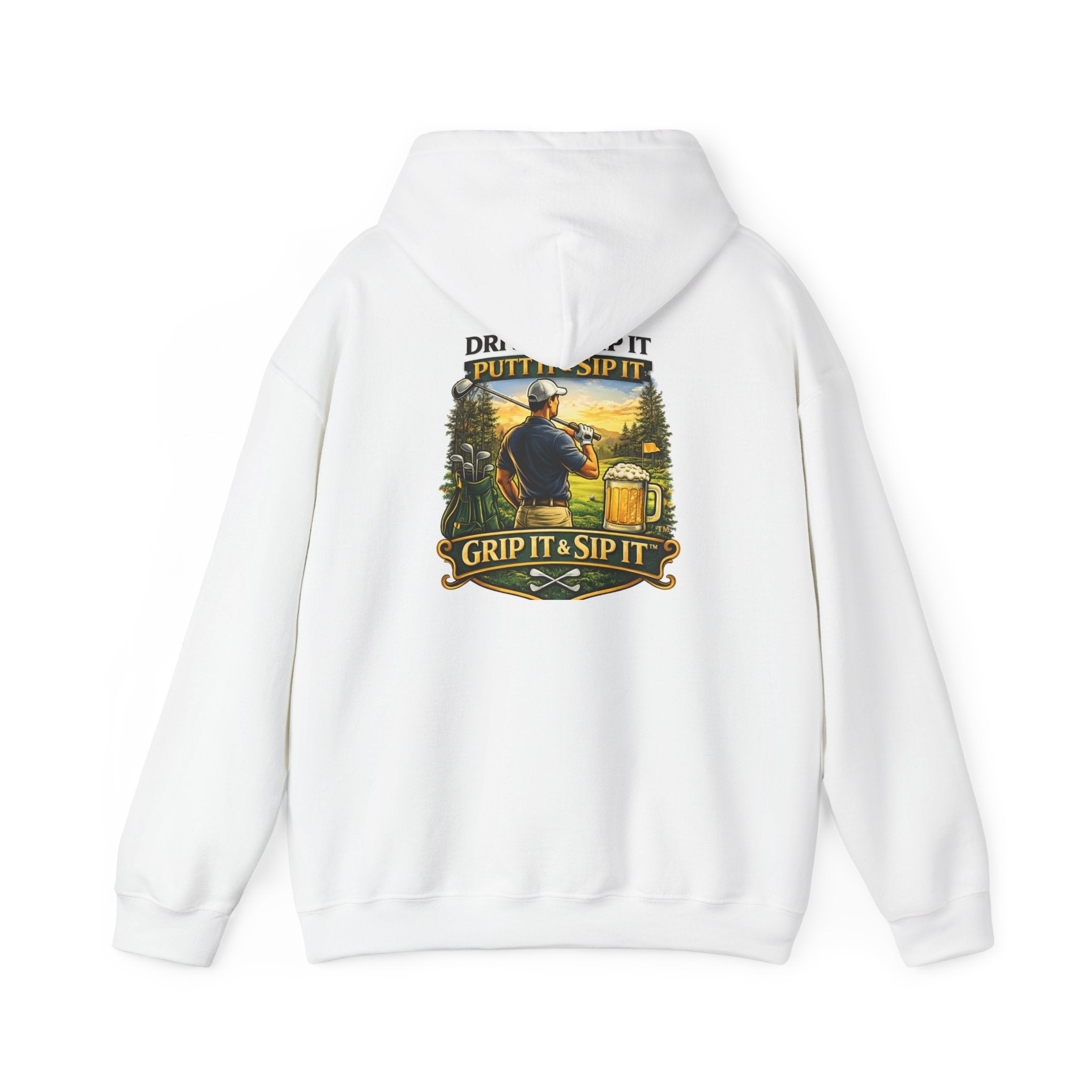 Golf Hoodie - "Grip It & Sip It" Golfer Hoodie with Retro Outdoors Badge