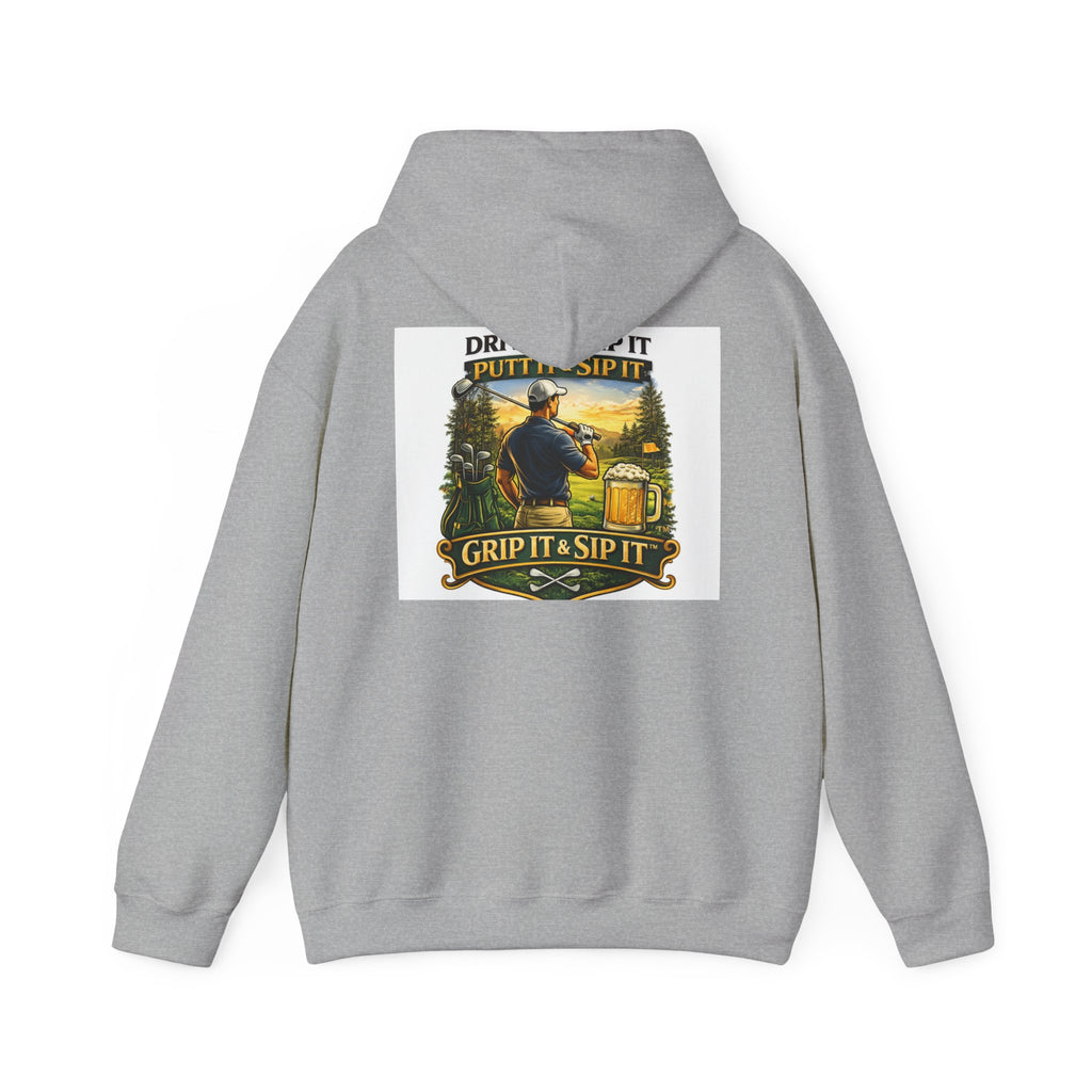 Golf Hoodie - "Grip It & Sip It" Golfer Hoodie with Retro Outdoors Badge